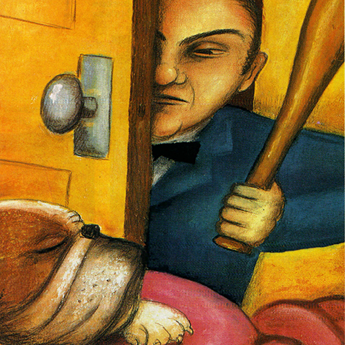 Angry man with baseball bat peeping around door at bulldog asleep on bed