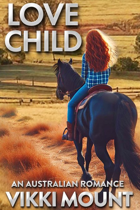 Girl with long red curly hair sitting on a black house riding through Australian farmland