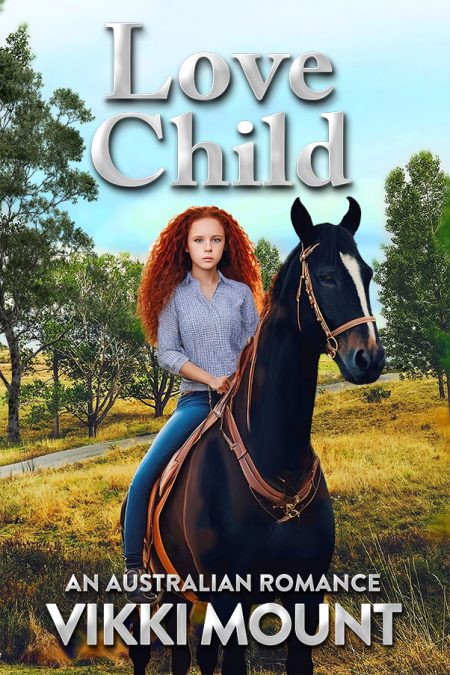 Girl with long red curly hair sitting on black horse with country background