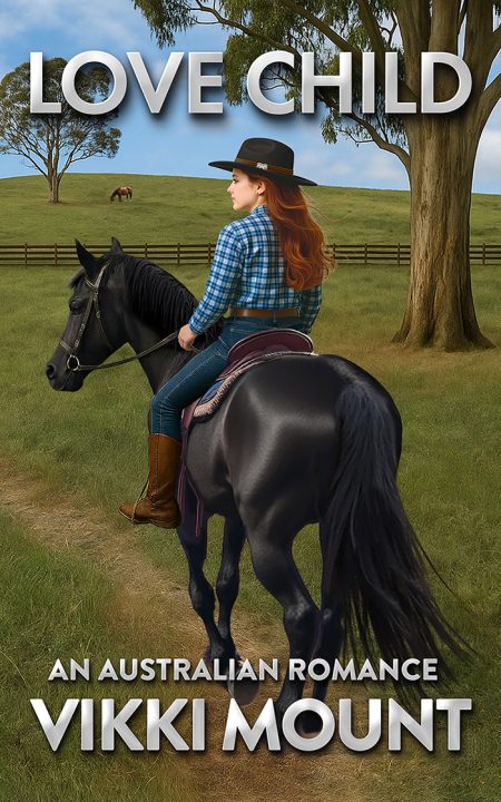 Girl with long red curly hair sitting on a black house riding through Australian farmland